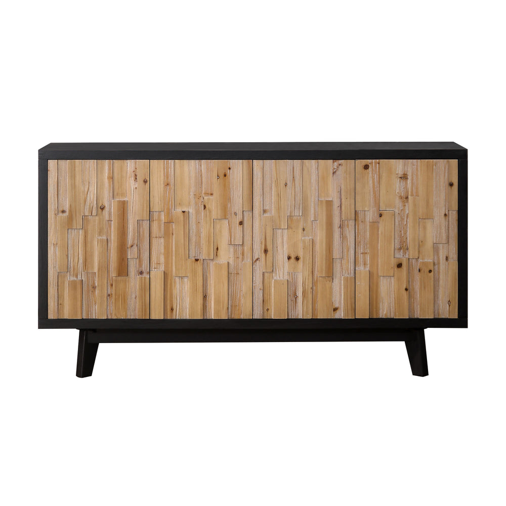 English Elm Modern Wooden 4-Door Cabinet with Textured Geometric Front, Ample Shelves, Sturdy Dark Frame (64.17"L) W2729P198997