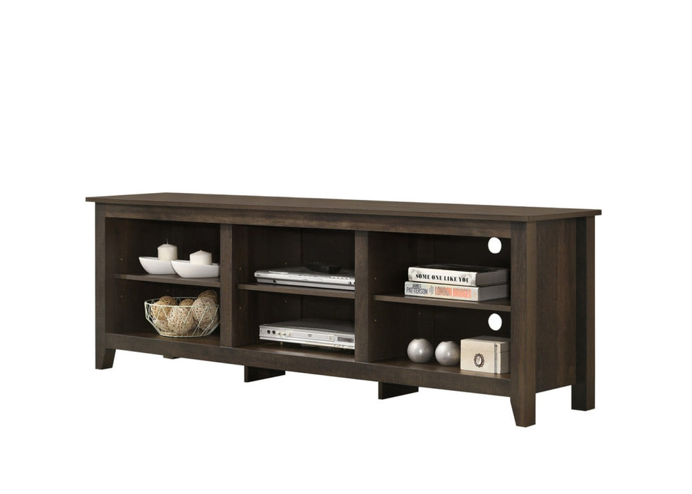 English Elm Tropea 58 Inch Open Shelf Media Console with Oak Finish and Cord Management B2749P413244