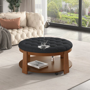 English Elm Modern Round Oversized Ottoman Coffee Table with Button Tufting, Waterproof Linen, Wheels & Lower Wood Shelf for Storage and Seating Black+Brown N735P180224B