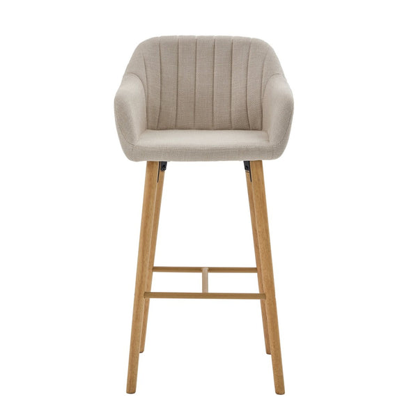 English Elm Modern Linen Upholstered Barstools with Oak Legs Armrests and Footrest for Kitchen Islands Beige W395P396313