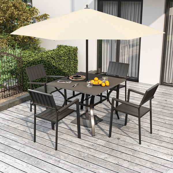 English Elm 5‑piece Outdoor Patio Dining Set Square Iron Table with Wood Grain Finish and Slat Chairs Black+Natural W3979S00048