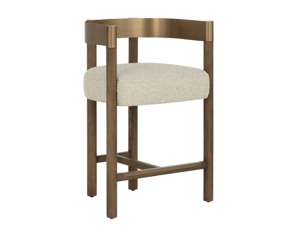 Sunpan MANOLO Counter Stool - Elegant Santa Cruz Oatmeal Fabric with Antique Brass Accents & Warm Wood 112547