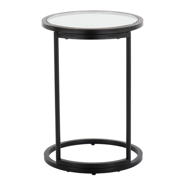 English Elm Round Zenn End Table In Black Metal & Clear Glass - Stylish C-Shaped Accent For Small Spaces B202P223395-GIGA