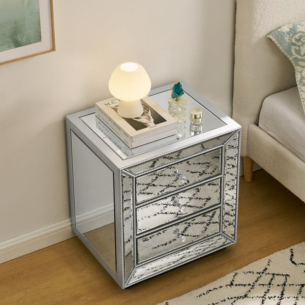 English Elm Three Drawer Mirrored Cabinet with Pearl Lacquer Finish and Crystal Pulls for Glam Decor W1005P416743