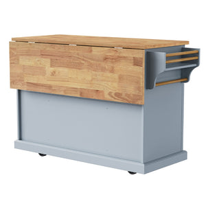 English Elm K&k Farmhouse Rolling Kitchen Island Rubberwood Drop Leaf 3 Drawers 4 Cabinet Doors Grey+Blue N707S195395G
