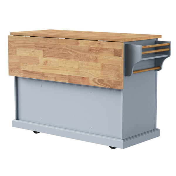 English Elm K&k Farmhouse Rolling Kitchen Island Rubberwood Drop Leaf 3 Drawers 4 Cabinet Doors Grey+Blue N707S195395G