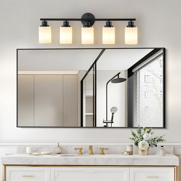 English Elm 31" Stylish 5-Light Vanity Wall Sconce, Frosted Glass & Black Iron Design For Elegant Illumination W2312P374806