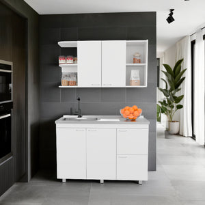 English Elm Elica Two-Piece Kitchen Cabinet Set in Kronos White — Upper Double Doors, Lower Storage & Prep Surface B070S00394