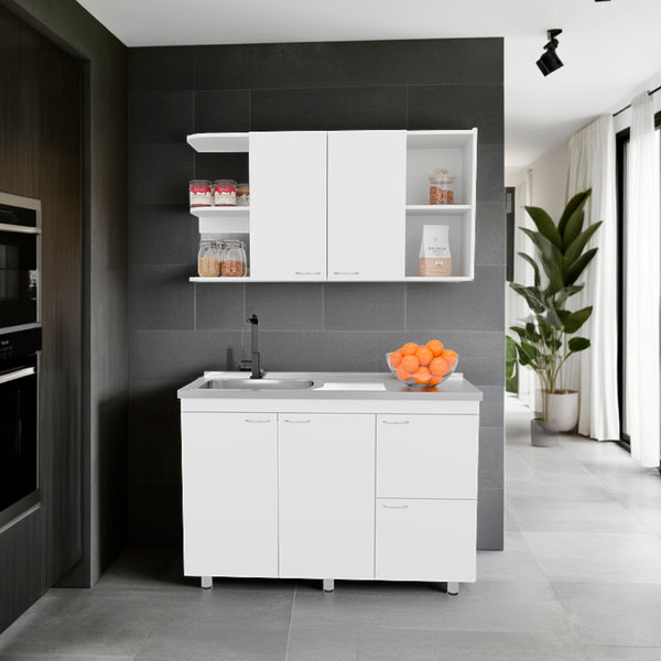 English Elm Elica Two-Piece Kitchen Cabinet Set in Kronos White — Upper Double Doors, Lower Storage & Prep Surface B070S00394