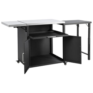 English Elm Versatile Outdoor Cabinet with Foldable Stainless Top, Extendable Iron Panel, Locking Wheels, Matte Black N719P244805B