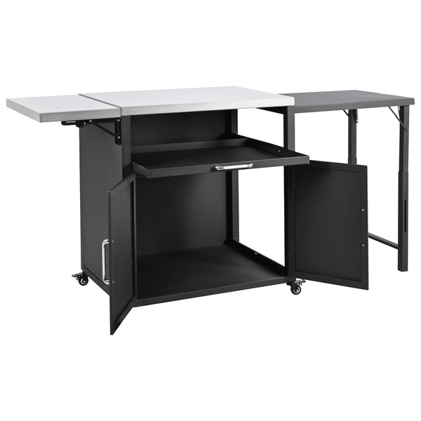 English Elm Versatile Outdoor Cabinet with Foldable Stainless Top, Extendable Iron Panel, Locking Wheels, Matte Black N719P244805B