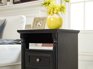 English Elm Farmhouse Rustic Nightstand with Built-in Charging Station Barn Wood Grain Storage Black W2393P324431