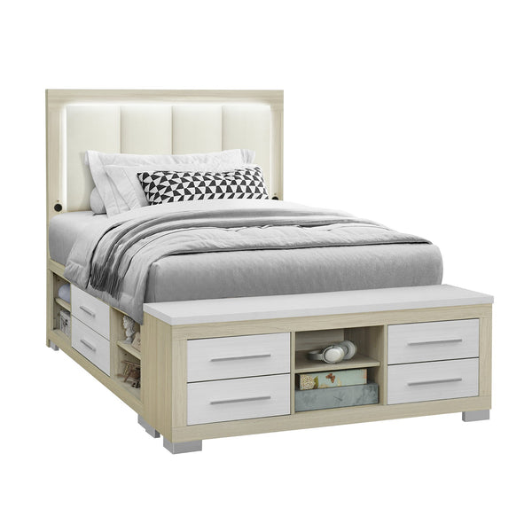 English Elm EMILIA Full Bed with Bookcase Headboard, LED Lighting, Underbed Drawer & Side Rail Storage System Natural+White 65.28 L x 39.45 W x 4.96 H B201S00379