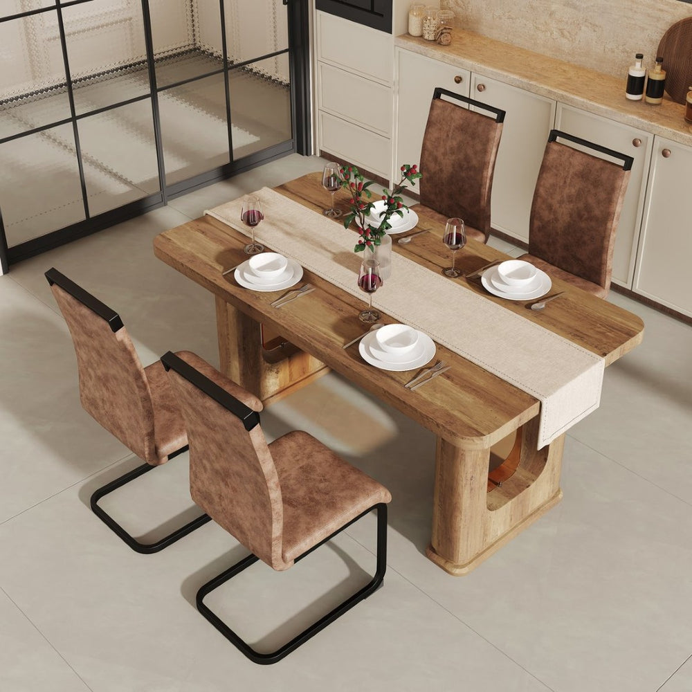 English Elm Table 5-Piece Dining Set - Modern Wood Textured Table With 4 Brown Tech Fabric Chairs & Black Legs W1151S03584-GIGA