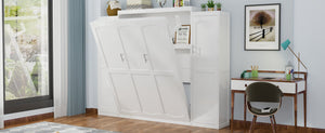 English Elm Queen Murphy Bed with 2 Wardrobes & Foldable Platform, Space-Saving White Queen Bedframe 650lbs N733S339767K