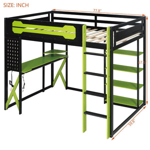 English Elm Full Size Loft Bed with Rgb Lighting Chevron Desk Usb Charging Ports and Storage Shelves Black+Green LT000286AAG