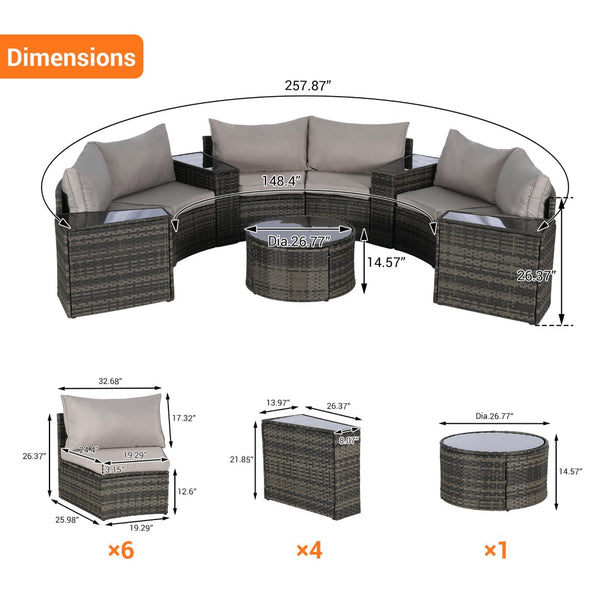 English Elm Outdoor Half Moon Sectional Sofa Set with Woven Rattan Frame and Tempered Glass Table Light Gray W874S00046