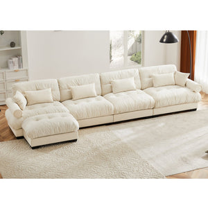 English Elm L L Shaped Sectional Cloud Sofa Convertible 4-Seater Velvet Modular Corner Couch Cream, Plush Relaxation and Flexible Layout Options W714S01075