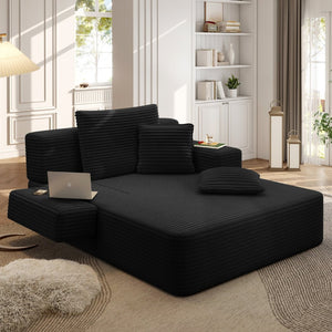 English Elm Luxurious Corduroy Convertible Chaise Lounge Sofa Bed with Foam Support for Apartments Black W3219P449015