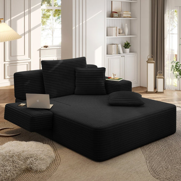 English Elm Luxurious Corduroy Convertible Chaise Lounge Sofa Bed with Foam Support for Apartments Black W3219P449015