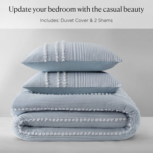 English Elm 3-piece King Yarn Dyed Cotton Duvet Set with Pompom Jacquard Stripe Percale Reverse Blue B035P482897