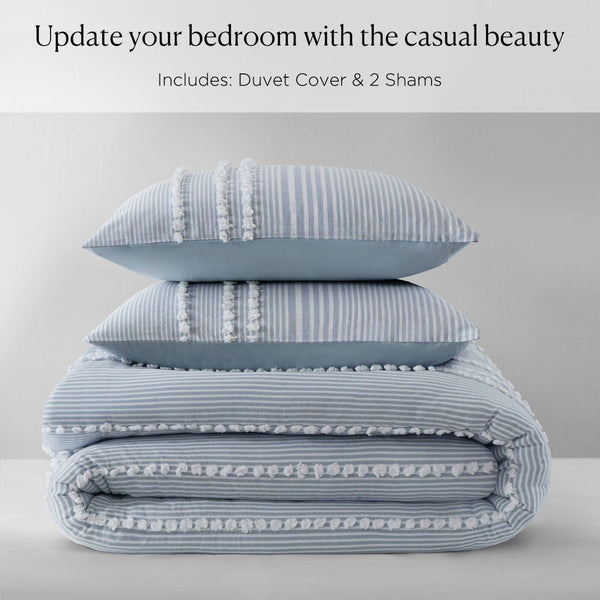 English Elm 3-piece Cotton Yarn Dyed Duvet Cover Set with Jacquard Pompom Stripe Bedding Blue B035P482896