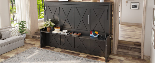English Elm Queen Murphy Bed with Fold Down Desk Led Lighting and Usb Port for Home Office Dark Gray W1580S00457