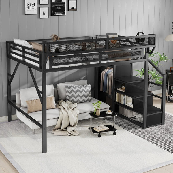 English Elm Queen Metal Loft Bed with Staircase Wardrobe and Shelves for Teens Adults W2580S00090
