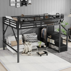 English Elm Full Size Metal Loft Bed with Stair Storage and Built-in Wardrobe for Kids W2580S00058