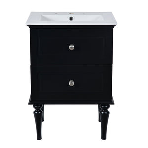 English Elm 24'' French-Style Bathroom Vanity with Ceramic Sink, Black Long Legs, 2 Drawers, Moisture-Resistant Elegance N710P195621B