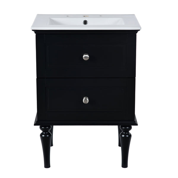 English Elm 24'' French-Style Bathroom Vanity with Ceramic Sink, Black Long Legs, 2 Drawers, Moisture-Resistant Elegance N710P195621B
