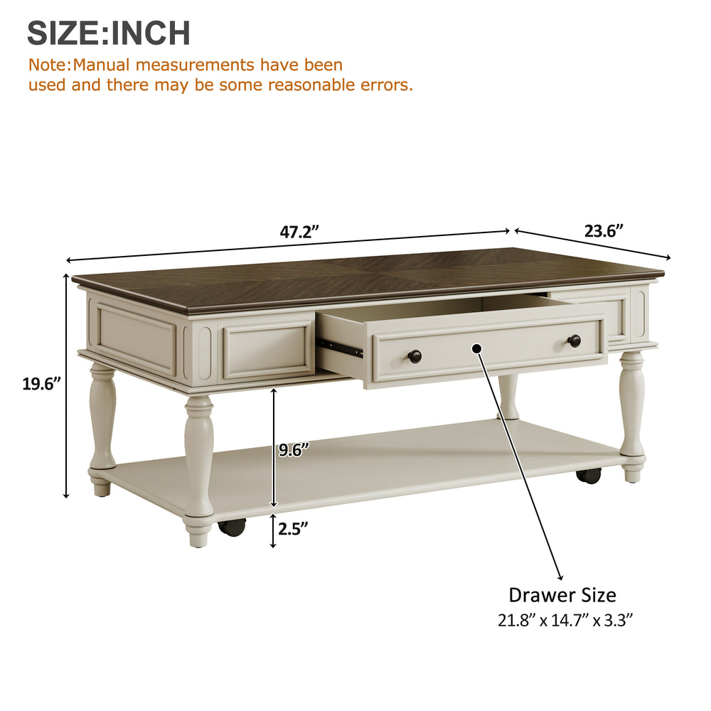 English Elm Farmhouse Retro Coffee Table with Lockable Wheels, One Drawer & Lower Shelf, Solid Wood Legs, Durable Finish Grey+White N721P307935E