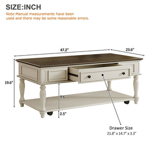 English Elm Farmhouse Retro Coffee Table with Lockable Wheels, One Drawer & Lower Shelf, Solid Wood Legs, Durable Finish Grey+White N721P307935E