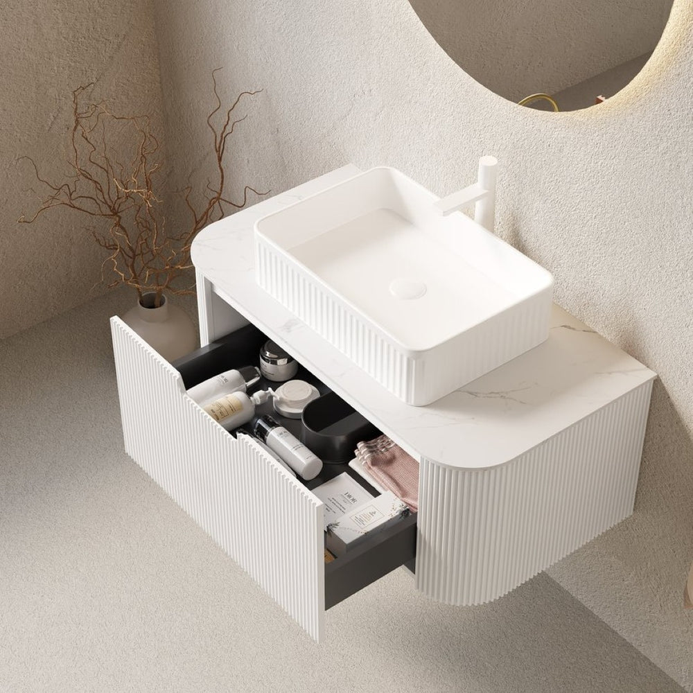 English Elm Dina Floating Bathroom Vanity Sintered Stone Top Glass Basin Striped Plywood Cabinet W2615S00435