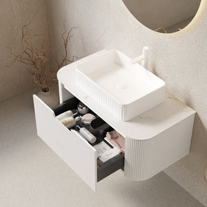 English Elm Dina Floating Bathroom Vanity Sintered Stone Top Glass Basin Striped Plywood Cabinet W2615S00435