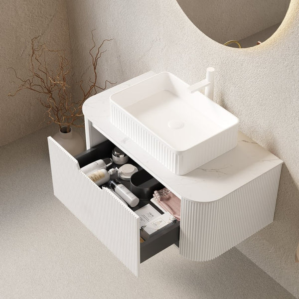 English Elm Dina Floating Bathroom Vanity Sintered Stone Top Glass Basin Striped Plywood Cabinet W2615S00435
