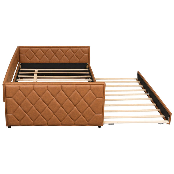 English Elm Full XL Upholstered Daybed with Trundle and Built-In LED Lighting, Tufted Arms, Solid Wood Frame Brown N7090000611D