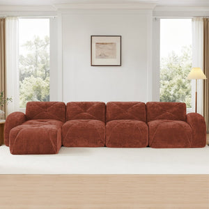 English Elm L-shaped Modular Velvet Sectional Tufted Cloud Sofa with Ottoman for Living Room Red+Brown W714S01610