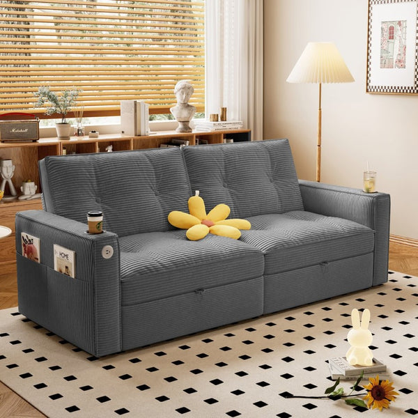 English Elm W3820s00010 Corduroy Sleeper Sofa Pull Out Guest Bed for Studio Apartments and Small Spaces Grey W3820S00032