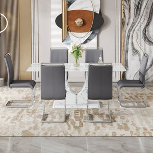 English Elm Table Modern Elegant Dining Set - 71" Marble Pattern Top With 6 Dark Gray Pu Chairs & Silver Legs W1151S02118-GIGA