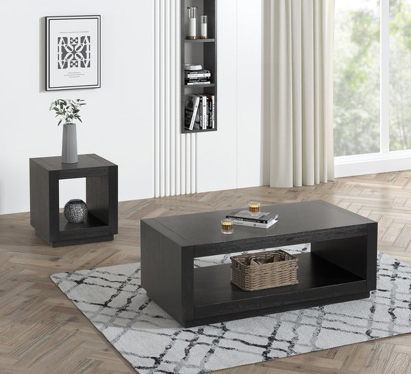 English Elm Contemporary Rectangle Coffee Table With Open Shelf, Black Finish For Modern Living Room Style B2741P395379