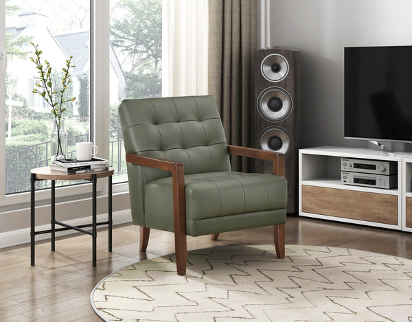 English Elm Modern Tufted Leather Accent Chair with Walnut Wood Frame, Upholstered Seat, Compact Stylish Design Green 28 L x 21 W x 25.75 H B011P271927