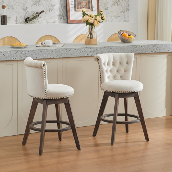 English Elm 26" Velvet Swivel Counter Stools Set of 2 with Tufted Back, Foam Cushion & Solid Wood Legs Beige W1143P362518