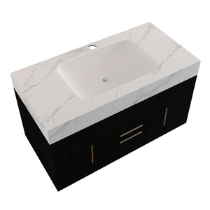 English Elm 39.4 Inch Floating Bathroom Vanity Sintered Stone Top Solid Wood 2 Soft Close Drawers W3136S00081