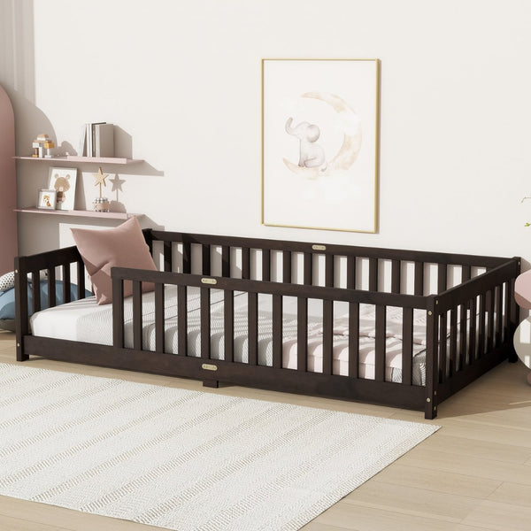 English Elm Twin Low Profile Rubberwood Floor Bed with Full Safety Fence for Toddler Rooms Espresso W504P429337
