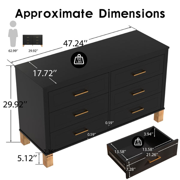 English Elm 6-drawer Solid Wood Dresser Mid-century Modern Gray Finish with Metal Bar Handles Black W1445P419756