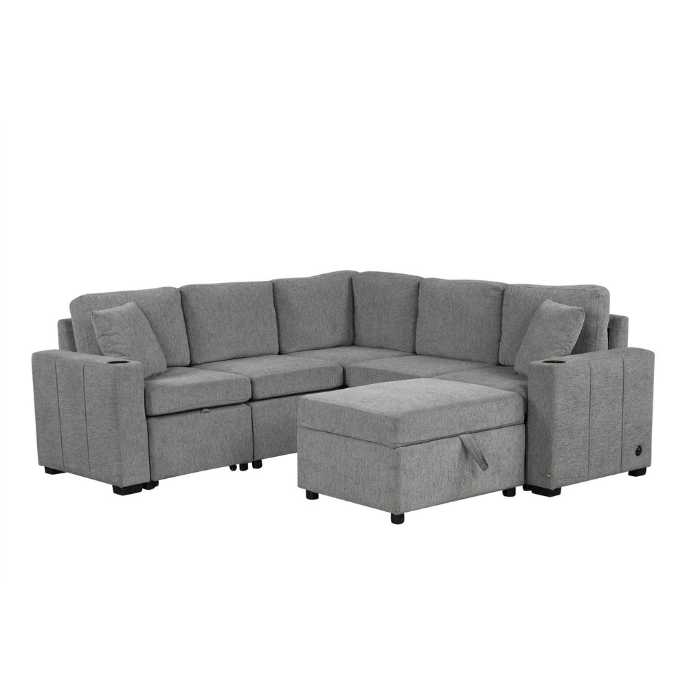 English Elm 84.7" Sectional Sofa Convertible Pull-Out Bed with Hidden Ottoman, USB Ports, Cup Holders, Chenille Comfort Gray N719S001930E