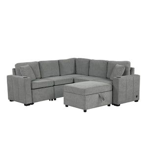 English Elm 84.7" Sectional Sofa Convertible Pull-Out Bed with Hidden Ottoman, USB Ports, Cup Holders, Chenille Comfort Gray N719S001930E