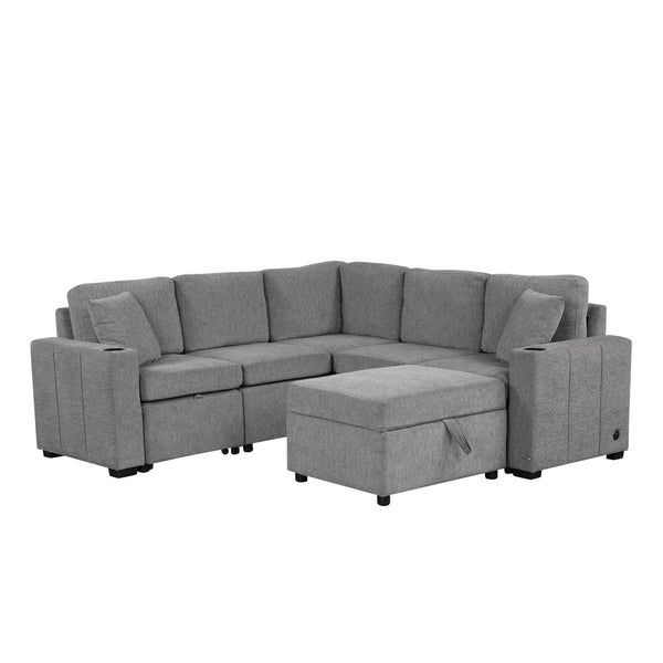 English Elm 84.7" Sectional Sofa Convertible Pull-Out Bed with Hidden Ottoman, USB Ports, Cup Holders, Chenille Comfort Gray N719S001930E