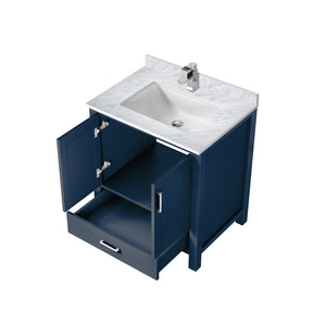 English Elm Navy 30" Bath Vanity with Carrara Marble Top, Soft-Close Drawer, Chrome Faucet & Storage Shelf B2731P259011